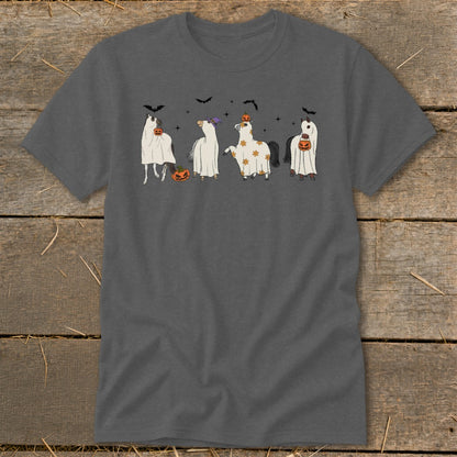 Four horses dressed as ghosts with pumpkins and bats for Halloween.