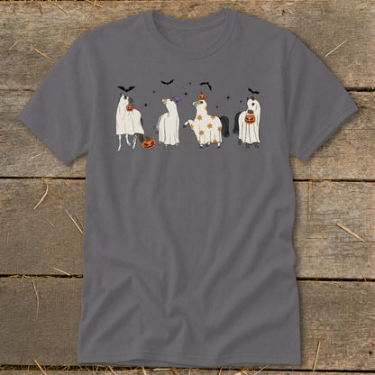 Four horses in ghost costumes hold pumpkins and wear Halloween accessories.