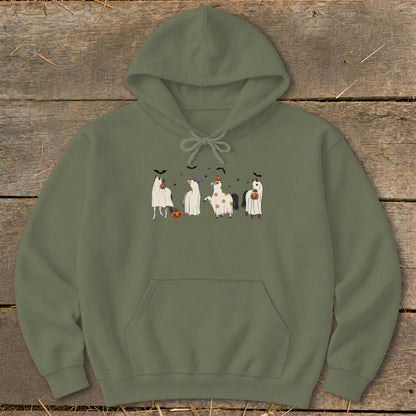 Olive green hoodie with four cartoon horses in Halloween ghost costumes and pumpkins.