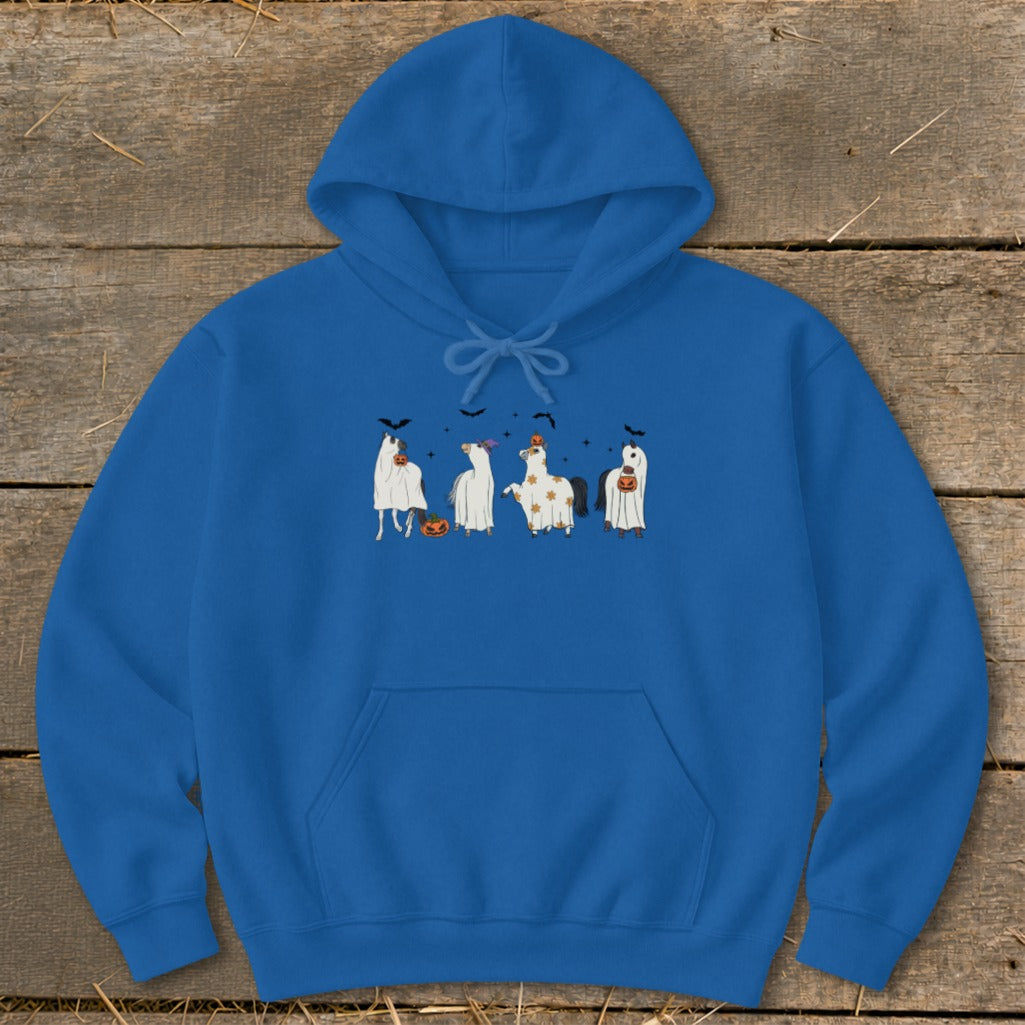Blue hoodie featuring four horses in Halloween ghost costumes with pumpkins and bats.