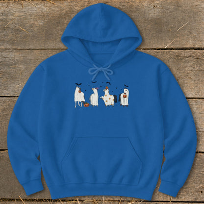 Blue hoodie featuring four horses in Halloween ghost costumes with pumpkins and bats.