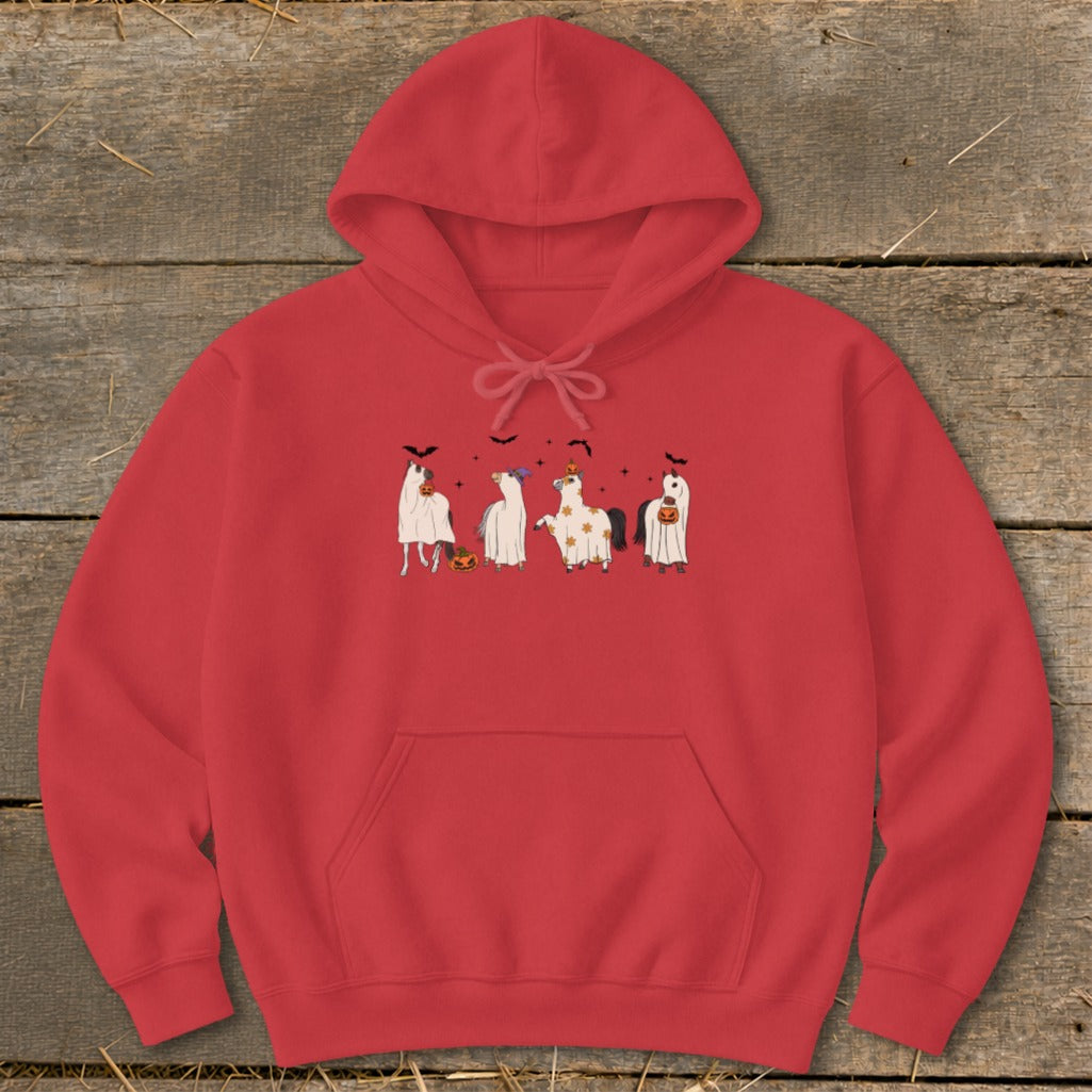 Red hoodie with four horses dressed as ghosts with pumpkins and bats.