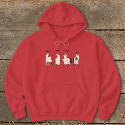 Red hoodie with four horses dressed as ghosts with pumpkins and bats.