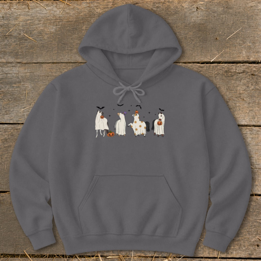 Dark gray hoodie with cartoon horses dressed as ghosts for Halloween.