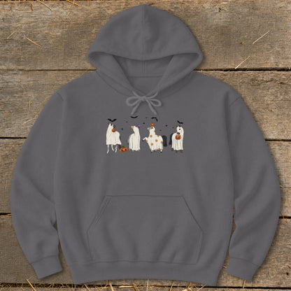 Dark gray hoodie with cartoon horses dressed as ghosts for Halloween.