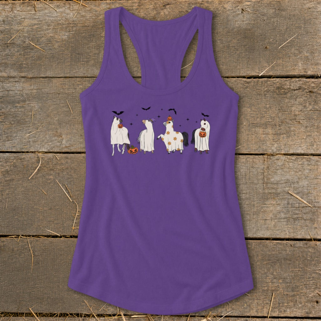 Purple tank top with cartoon horses dressed as ghosts for Halloween.