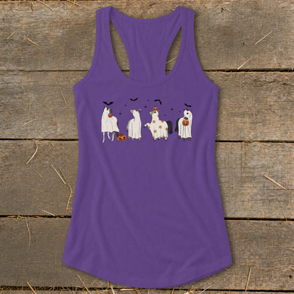 Purple tank top with cartoon horses dressed as ghosts for Halloween.
