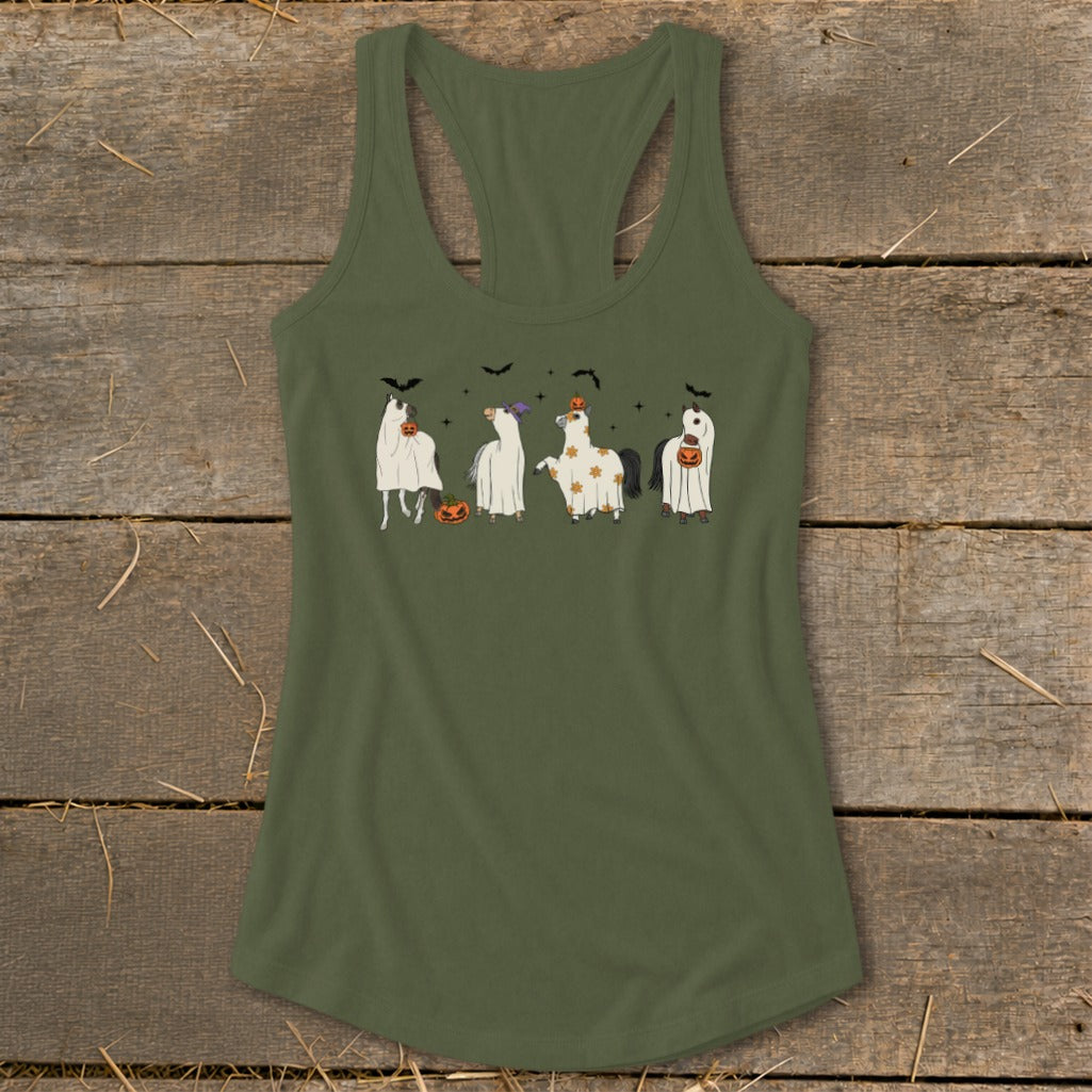 Green tank top with a Halloween-themed illustration of five horses in costumes, pumpkins, and bats.
