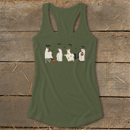 Green tank top with a Halloween-themed illustration of five horses in costumes, pumpkins, and bats.