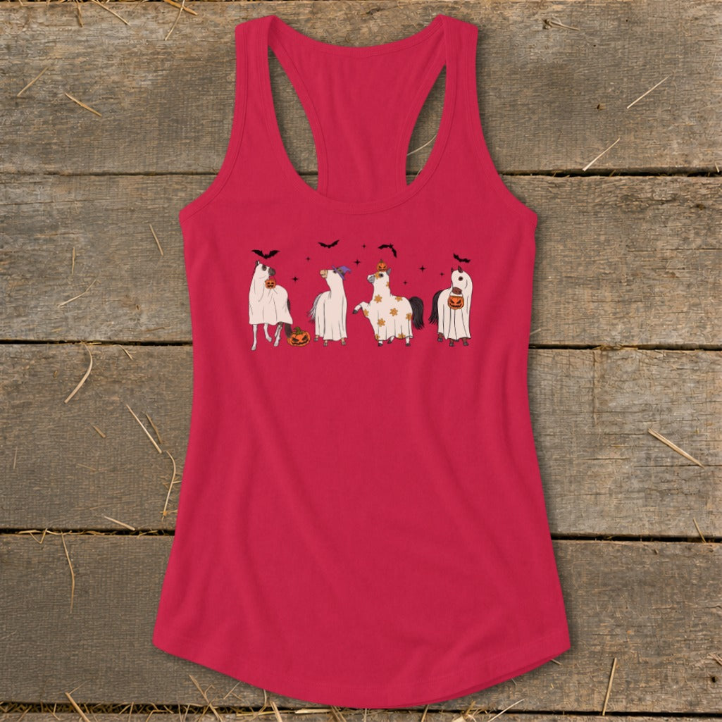 Pink tank top with cartoon horses dressed as ghosts and pumpkins for Halloween.