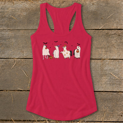Pink tank top with cartoon horses dressed as ghosts and pumpkins for Halloween.