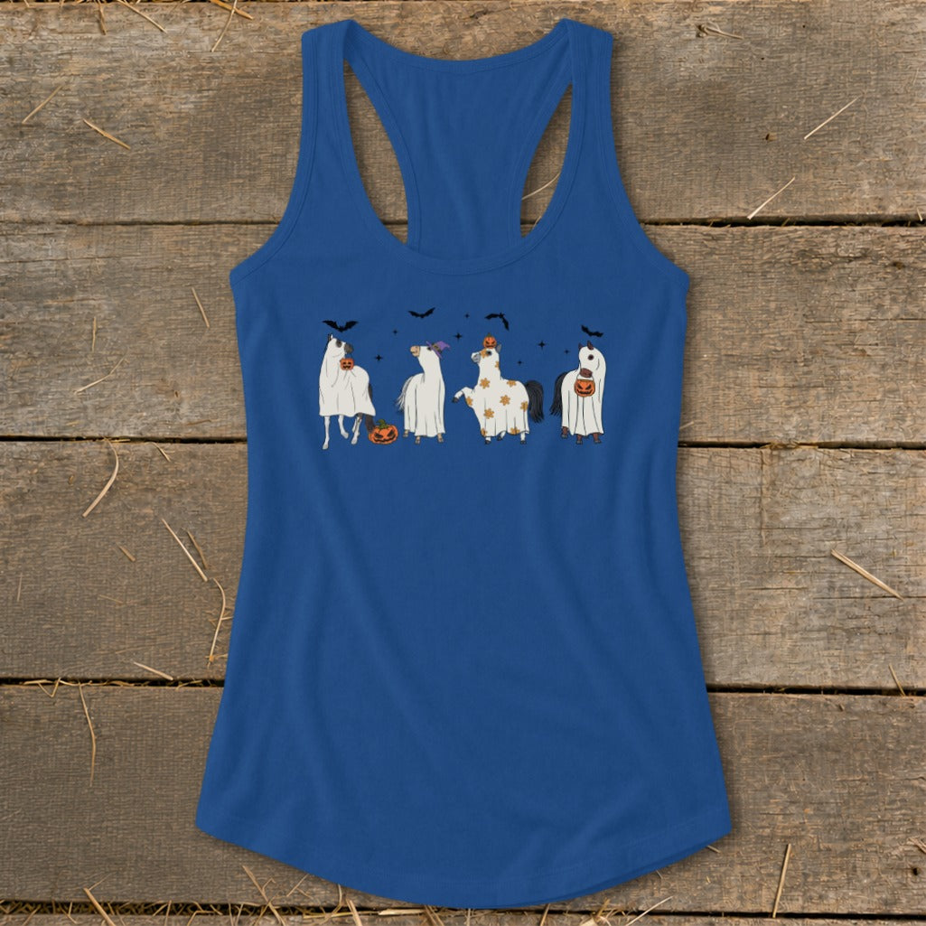 Blue tank top with four horses dressed as ghosts for Halloween.