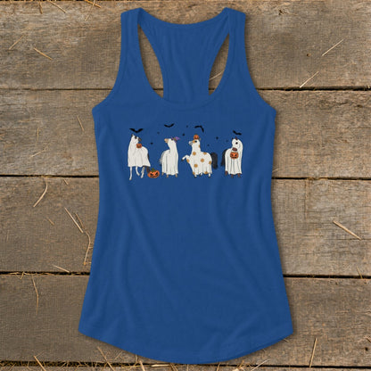 Blue tank top with four horses dressed as ghosts for Halloween.