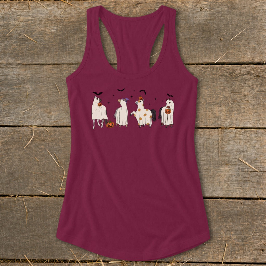 Burgundy tank top with graphic of five horses dressed as ghosts for Halloween.