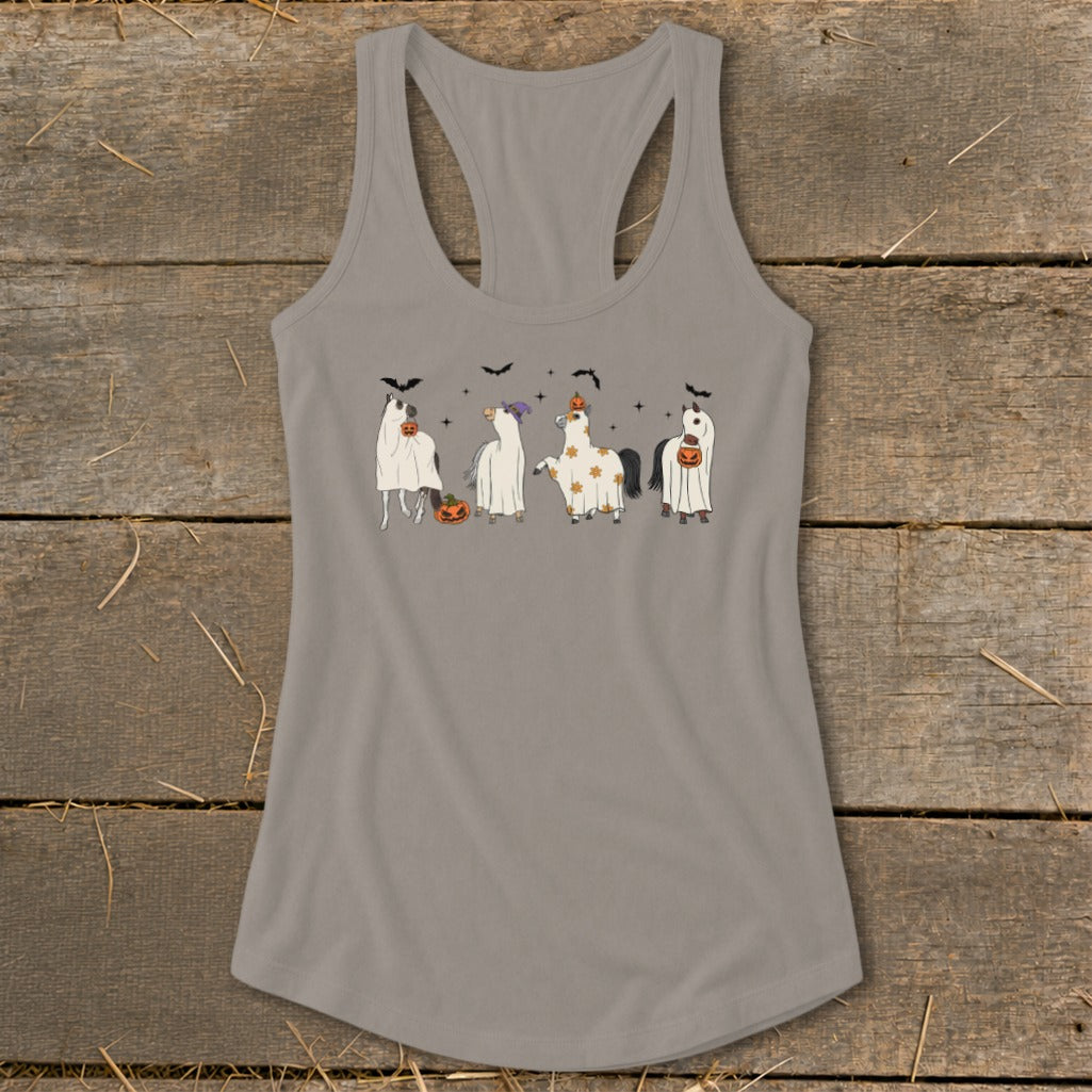 Tank top with cartoon horses dressed as ghosts for Halloween, holding pumpkins.