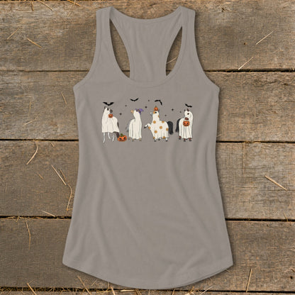 Tank top with cartoon horses dressed as ghosts for Halloween, holding pumpkins.