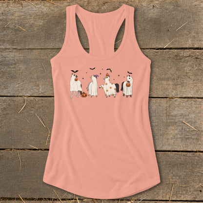 Peach tank top with Halloween-themed unicorns dressed as ghosts.