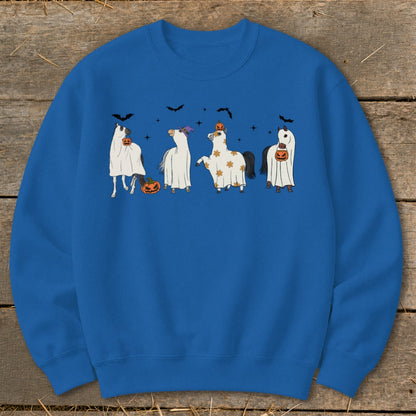 Four horses in Halloween costumes with pumpkins and bats on a blue sweatshirt.
