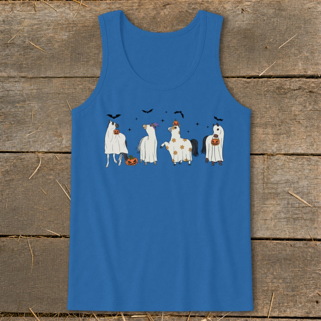 Four cartoon horses in Halloween ghost costumes with pumpkins and bats.
