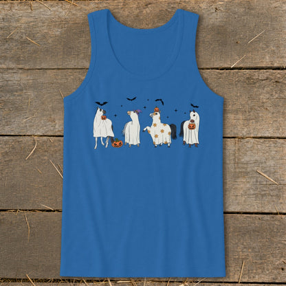 Four cartoon horses in Halloween ghost costumes with pumpkins and bats.