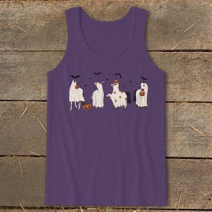 Four horses in Halloween ghost costumes with pumpkins and bats.