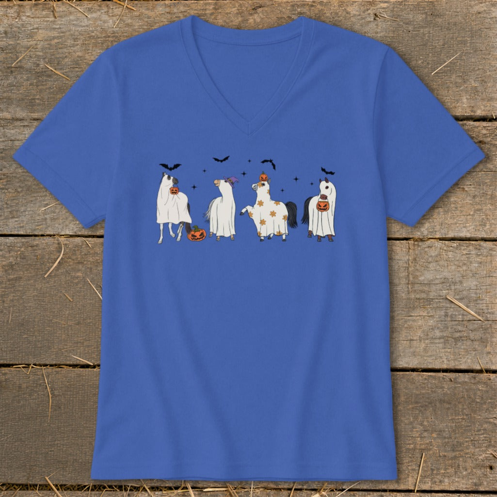 Four horses in Halloween costumes with pumpkins and bats, on a blue v-neck shirt.