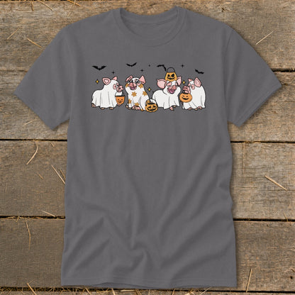 Four pigs dressed as ghosts hold jack-o'-lanterns and candy buckets, with bats above.