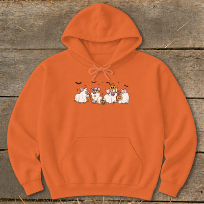 Orange hoodie with a Halloween-themed graphic of pigs dressed as ghosts and holding pumpkins.