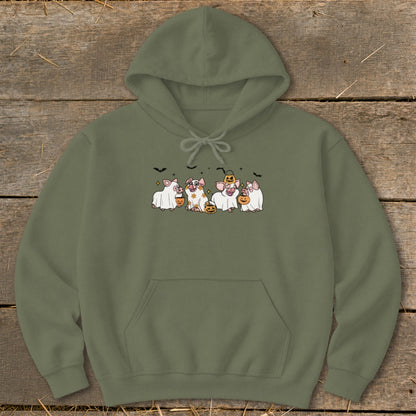 Green hoodie featuring Halloween pigs dressed as ghosts with pumpkins and bats.