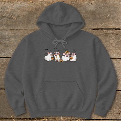 Halloween pigs in ghost costumes with pumpkins and bats graphic on a dark gray hoodie.