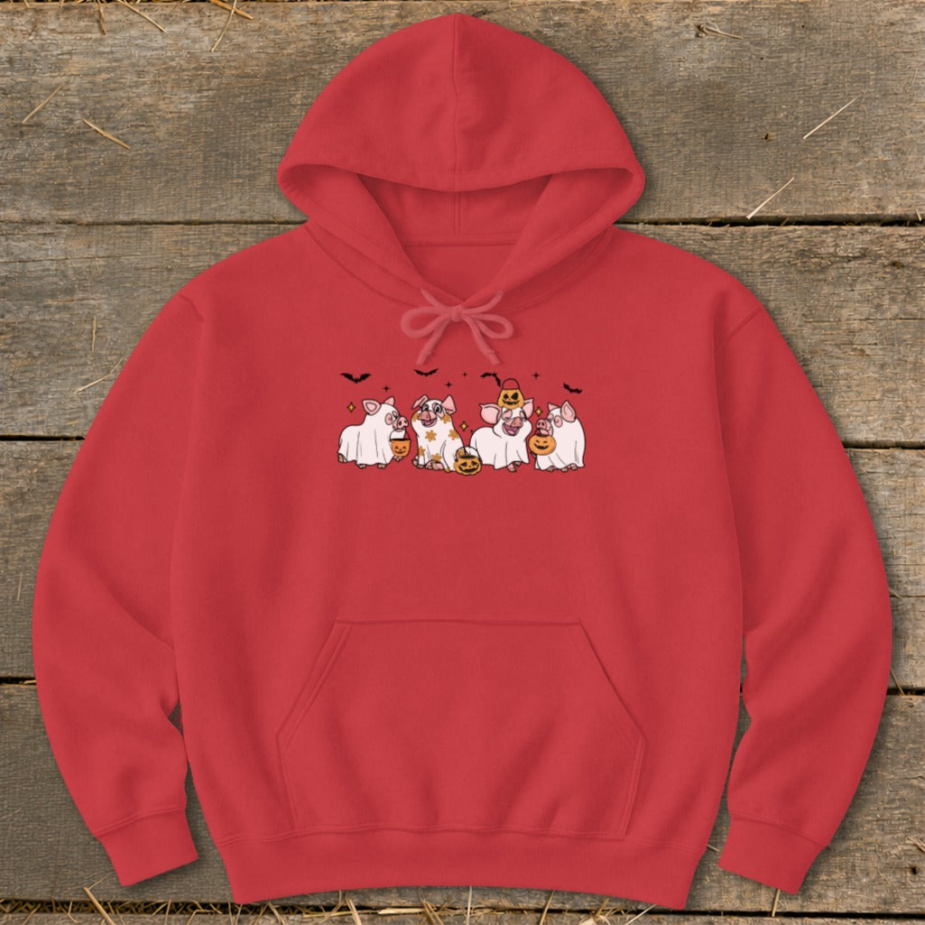 Red hoodie with a Halloween-themed graphic of pigs in costumes and pumpkins.