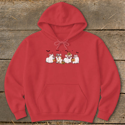 Red hoodie with a Halloween-themed graphic of pigs in costumes and pumpkins.