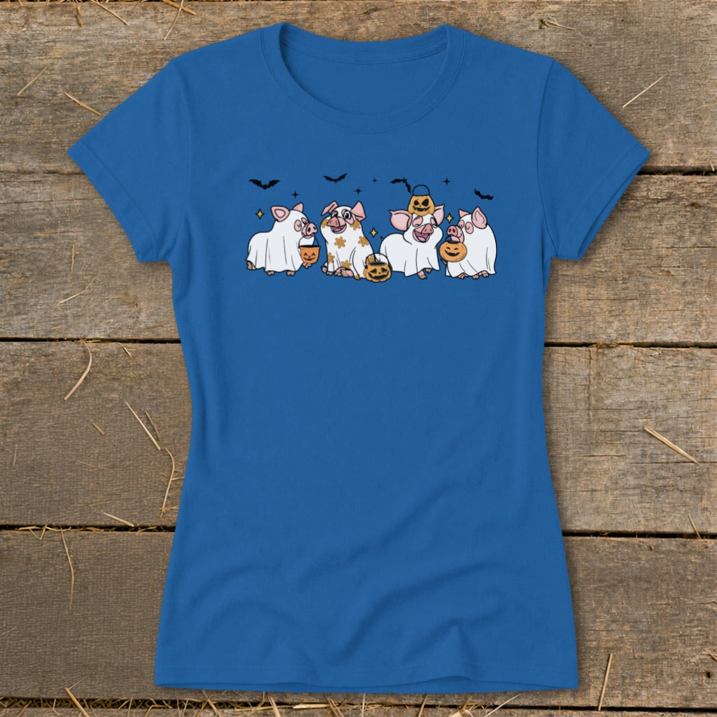 Cute pigs in ghost costumes and fall leaves holding pumpkins for Halloween.