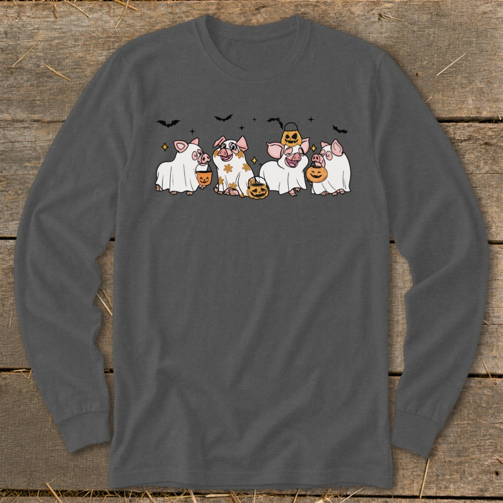 Cute pigs in ghost costumes with pumpkins and bats for Halloween.