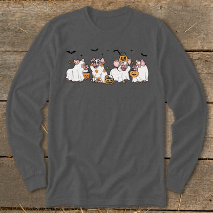 Cute pigs in ghost costumes with pumpkins and bats for Halloween.