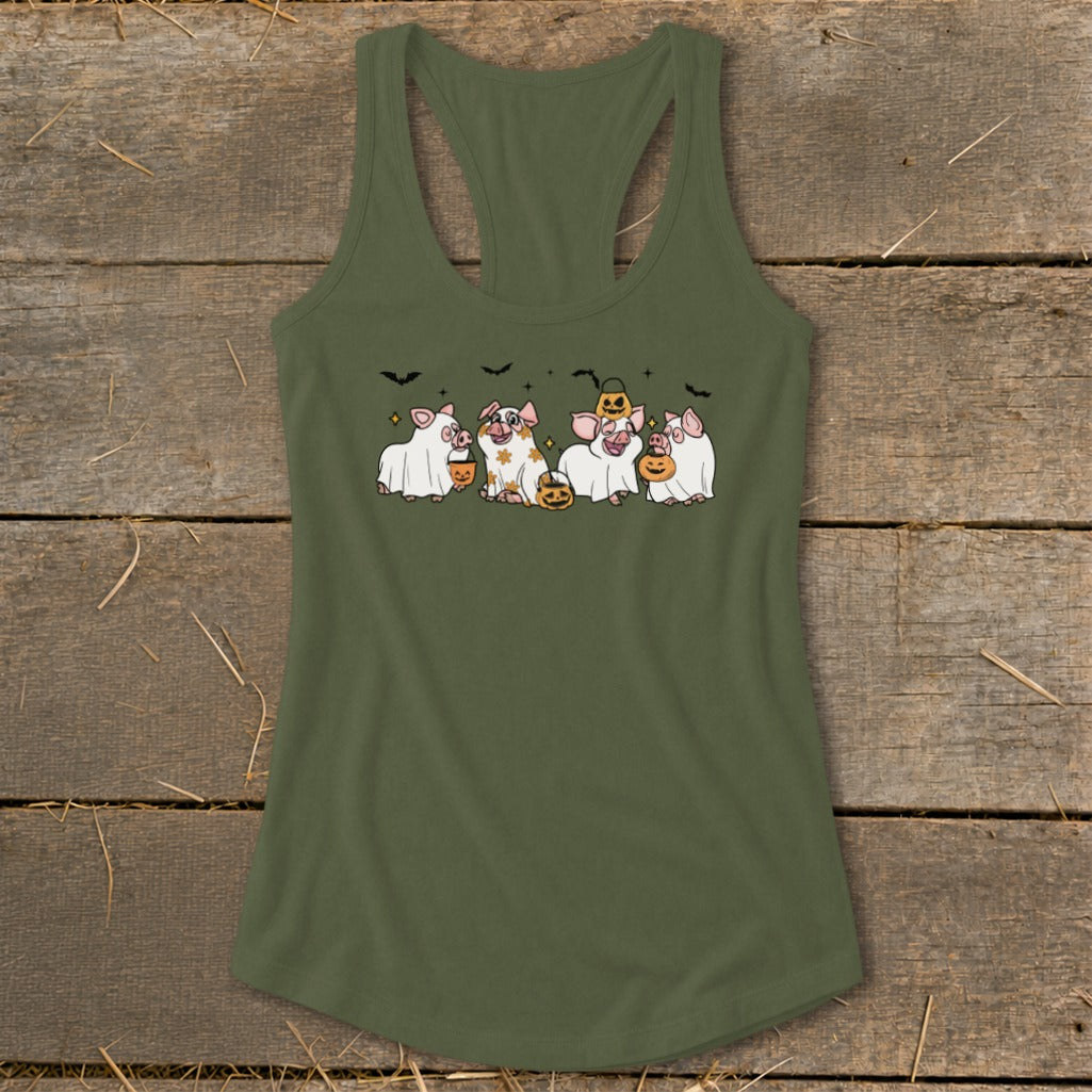 Green tank top with five cartoon pigs dressed as ghosts and holding pumpkins.