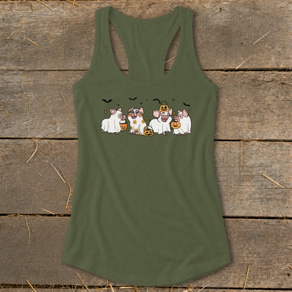 Green tank top with five cartoon pigs dressed as ghosts and holding pumpkins.