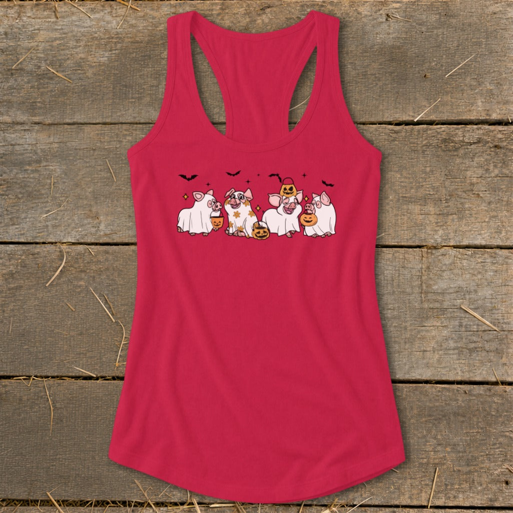 Red tank top with cartoon pigs dressed as ghosts for Halloween.