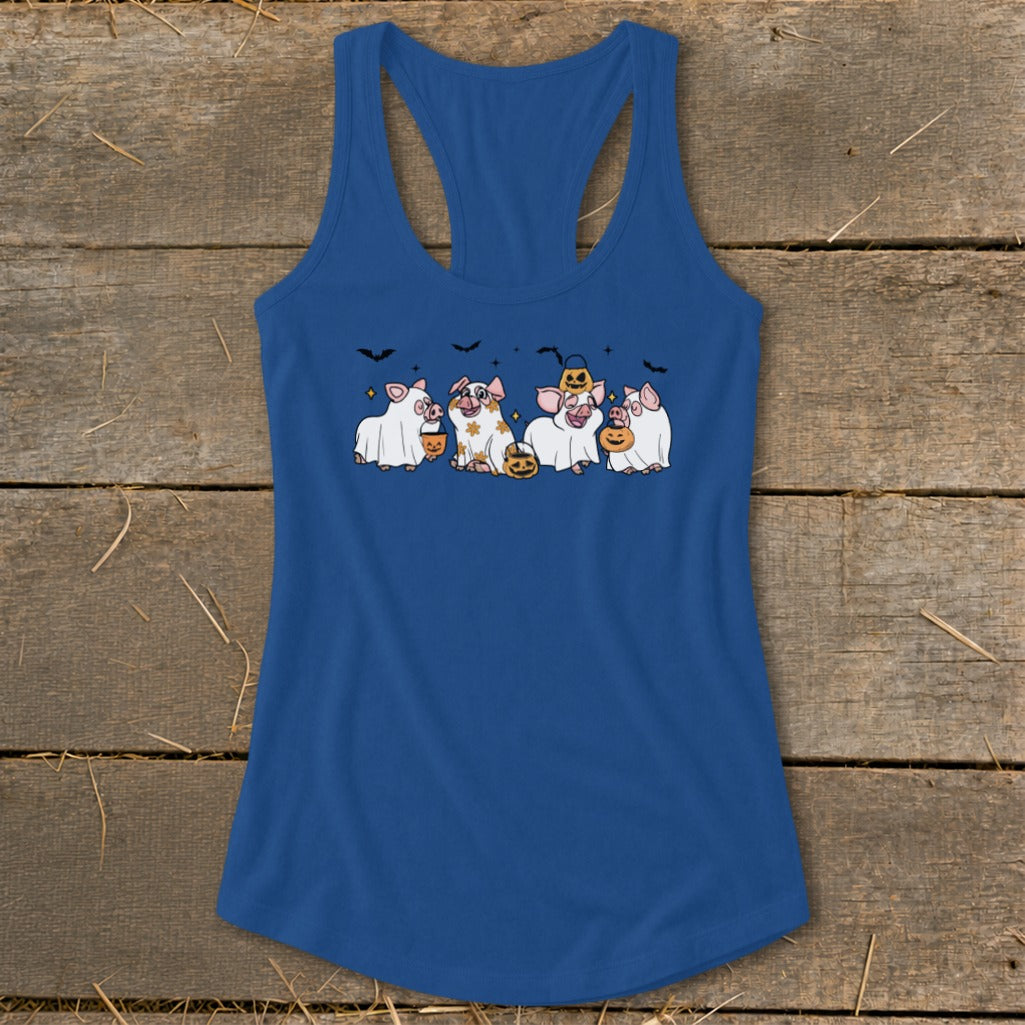 Blue tank top featuring pigs dressed as ghosts holding pumpkins and bats.