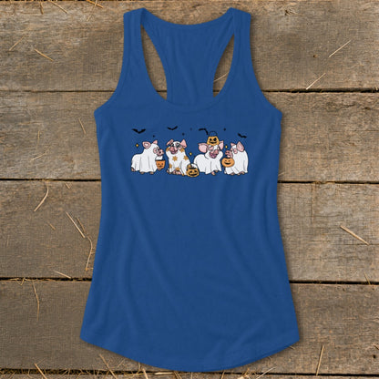 Blue tank top featuring pigs dressed as ghosts holding pumpkins and bats.