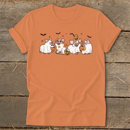 Cute pigs in ghost costumes with pumpkins and bats for Halloween.