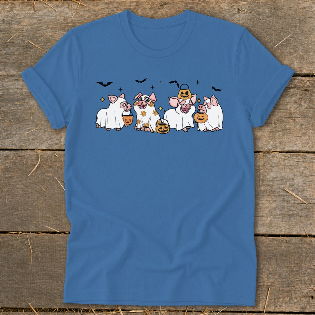 Cute pigs dressed as ghosts with pumpkins and bats for Halloween.