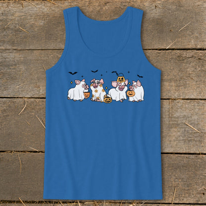 Five pigs in Halloween costumes, holding pumpkin buckets, with bats in the background.