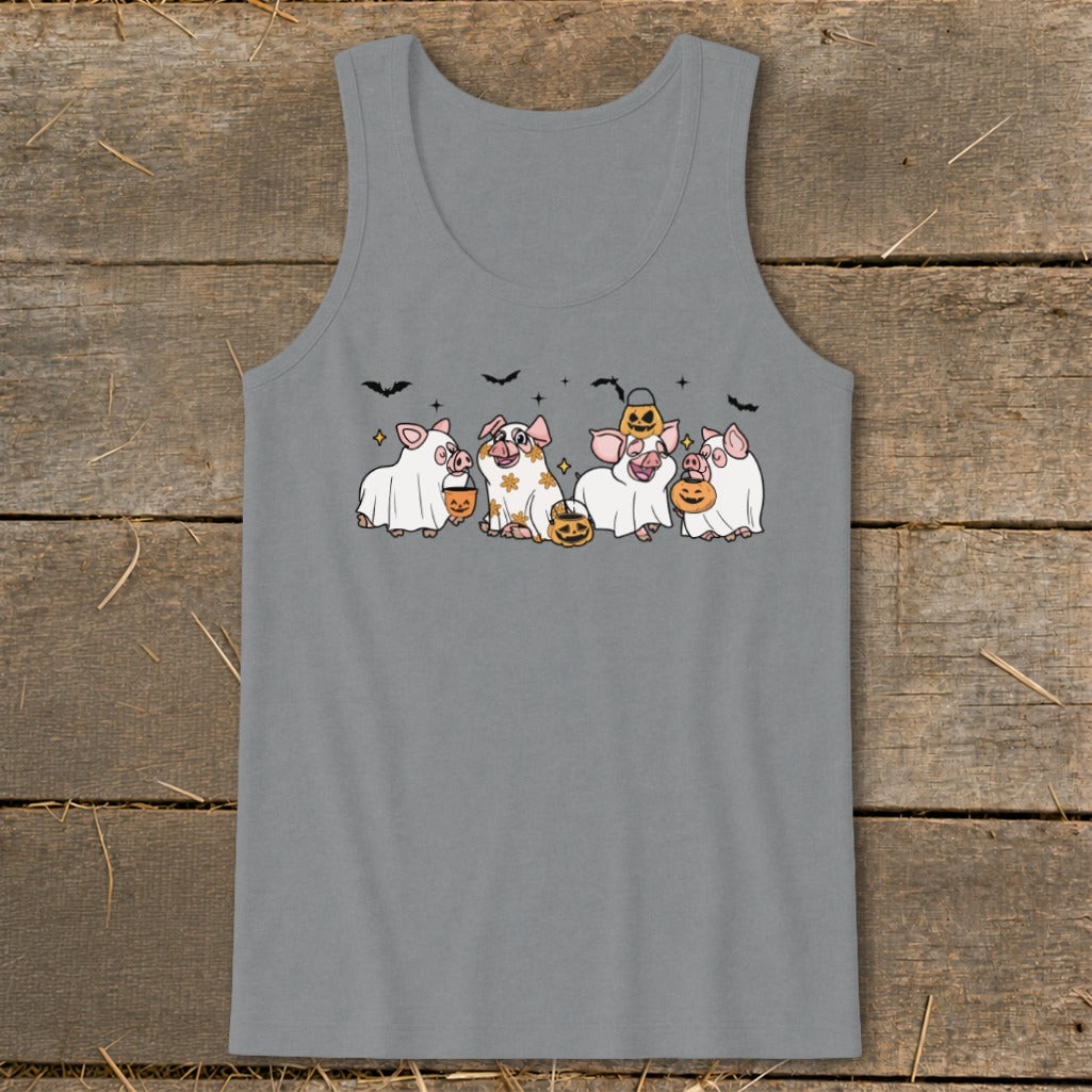 Five cartoon pigs in Halloween costumes holding pumpkins with bats and stars overhead.