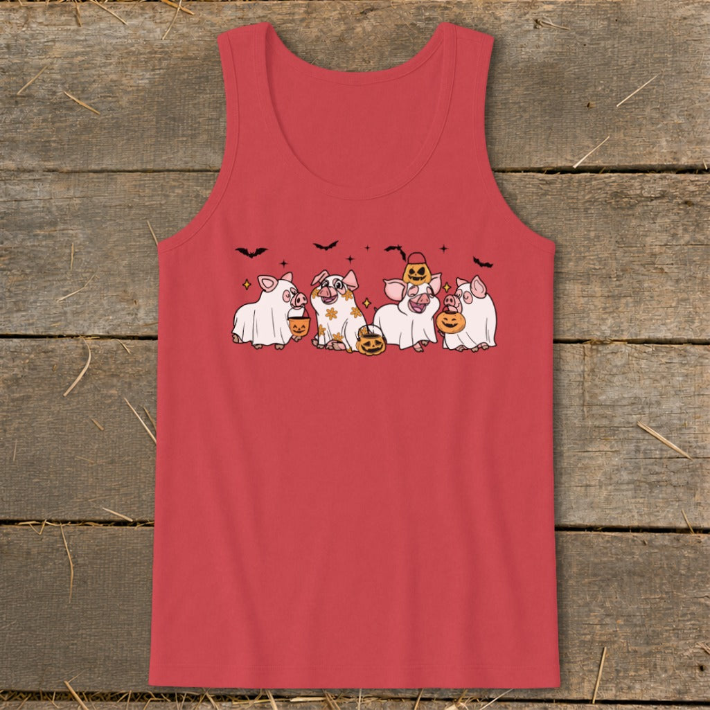 Five pigs in ghost costumes and Halloween outfits with pumpkins and bats.