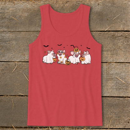 Five pigs in ghost costumes and Halloween outfits with pumpkins and bats.