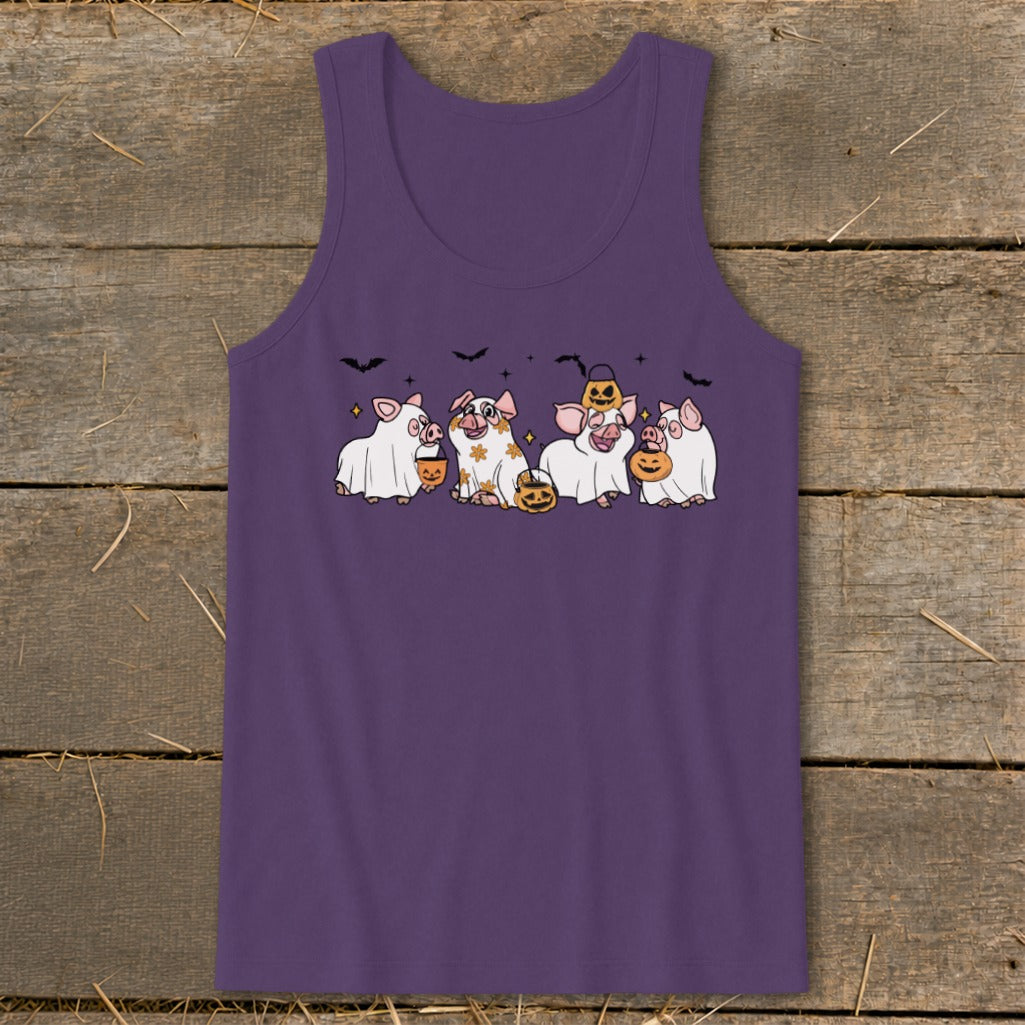 Purple tank top with cartoon pigs dressed as ghosts holding pumpkins.