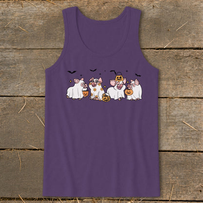 Purple tank top with cartoon pigs dressed as ghosts holding pumpkins.