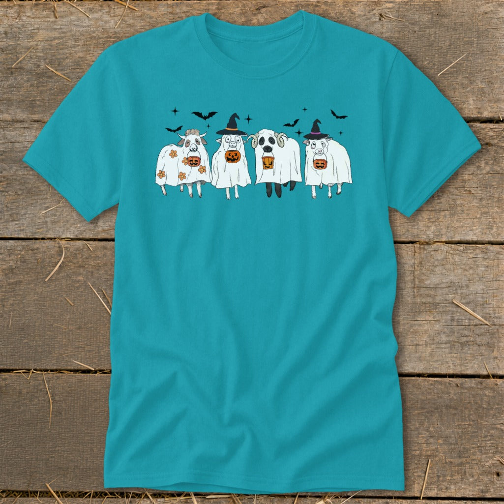 Four sheep in ghost costumes with witch hats and pumpkins on a teal t-shirt.