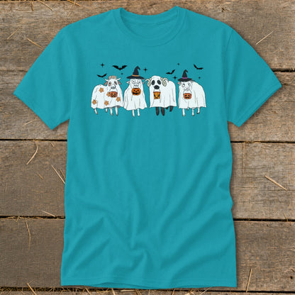 Four sheep in ghost costumes with witch hats and pumpkins on a teal t-shirt.